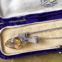 Carica l'immagine nel visualizzatore di Gallery, Victorian Scottish Citrine Silver Grouse Claw Kilt Pin In Antique Box. Antique Sterling Silver Scottish Cairngorm Huge Stick Pin Brooch.