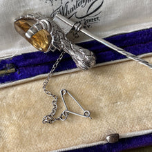 Carica l'immagine nel visualizzatore di Gallery, Victorian Scottish Citrine Silver Grouse Claw Kilt Pin In Antique Box. Antique Sterling Silver Scottish Cairngorm Huge Stick Pin Brooch.