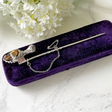 Carica l'immagine nel visualizzatore di Gallery, Victorian Scottish Citrine Silver Grouse Claw Kilt Pin In Antique Box. Antique Sterling Silver Scottish Cairngorm Huge Stick Pin Brooch.