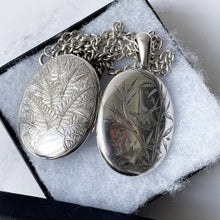 Load image into Gallery viewer, Antique Victorian Aesthetic Engraved Silver Locket Necklace. Large 2-Sided Floral Love Bird Locket With Photo & Chain. Book Chain Locket