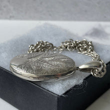 Load image into Gallery viewer, Antique Victorian Aesthetic Engraved Silver Locket Necklace. Large 2-Sided Floral Love Bird Locket With Photo & Chain. Book Chain Locket