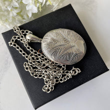 Load image into Gallery viewer, Antique Victorian Aesthetic Engraved Silver Locket Necklace. Large 2-Sided Floral Love Bird Locket With Photo & Chain. Book Chain Locket