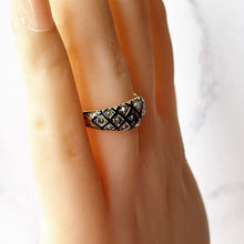 Carica l'immagine nel visualizzatore di Gallery, Georgian Regency Antique 18ct Gold, Black Enamel & Pearl Ring. Early Victorian Mourning Ring Circa 1830. Antique Dome Band Ring Size Q/7