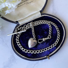 Carica l'immagine nel visualizzatore di Gallery, Antique Edwardian Small Silver Albert Watch Chain & Heart Charm. Lady's Sterling Silver Albertina Chain, Dog-Clip, T-Bar, Fob Charm, c1908