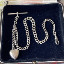 Carica l'immagine nel visualizzatore di Gallery, Antique Edwardian Small Silver Albert Watch Chain & Heart Charm. Lady's Sterling Silver Albertina Chain, Dog-Clip, T-Bar, Fob Charm, c1908