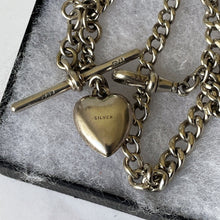 Carica l'immagine nel visualizzatore di Gallery, Antique Edwardian Small Silver Albert Watch Chain & Heart Charm. Lady's Sterling Silver Albertina Chain, Dog-Clip, T-Bar, Fob Charm, c1908