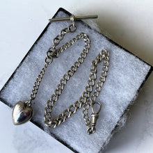 Carica l'immagine nel visualizzatore di Gallery, Antique Edwardian Small Silver Albert Watch Chain & Heart Charm. Lady's Sterling Silver Albertina Chain, Dog-Clip, T-Bar, Fob Charm, c1908