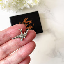 Cargar imagen en el visor de la galería, Antique Paste Diamond & Ruby Miniature Swallow Brooch, Chester 1902 . Edwardian Sterling Silver Lapel/Tie/Cravat Pin. Sweetheart's Love Bird