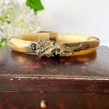 Carica l'immagine nel visualizzatore di Gallery, Antique Chinese Yellow Jade Dragon & Phoenix Bangle. Gold Metal Clad Qing Dynasty Nephrite Jade Bangle. Old Tibet Bangle Bracelet