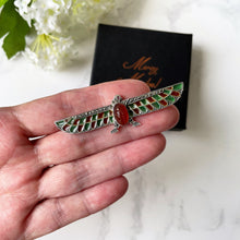 Load image into Gallery viewer, Art Deco Egyptian Revival Plique-à-jour Brooch. Antique German 935 Silver, Enamel, Carnelian & Ruby Horus Brooch. Falcon Bird Scarab Brooch