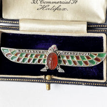 Load image into Gallery viewer, Art Deco Egyptian Revival Plique-à-jour Brooch. Antique German 935 Silver, Enamel, Carnelian & Ruby Horus Brooch. Falcon Bird Scarab Brooch