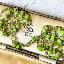 Carica l'immagine nel visualizzatore di Gallery, Antique Art Deco 53" Long Beaded Chain Necklace. 1920s Lime Green & Chocolate Brown Flapper Necklace. Hexagon Cut Tube Bead Rope Necklace.