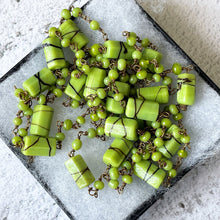 Carica l'immagine nel visualizzatore di Gallery, Antique Art Deco 53" Long Beaded Chain Necklace. 1920s Lime Green & Chocolate Brown Flapper Necklace. Hexagon Cut Tube Bead Rope Necklace.
