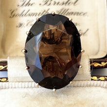Carica l'immagine nel visualizzatore di Gallery, Vintage 1960s Smoky Quartz 9ct Gold Cocktail Ring. Huge 15ct Oval Facet Cut Gemstone Ring, Size K /5.25. Smoky Quartz Solitaire Dress Ring