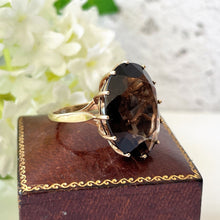 Carica l'immagine nel visualizzatore di Gallery, Vintage 1960s Smoky Quartz 9ct Gold Cocktail Ring. Huge 15ct Oval Facet Cut Gemstone Ring, Size K /5.25. Smoky Quartz Solitaire Dress Ring