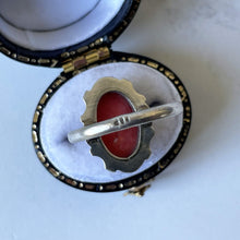 Carica l'immagine nel visualizzatore di Gallery, Russian Art Deco Silver Coral Marcasite Ring. 1920s Red Coral, Engraved Sterling Floral Ring. Antique/Vintage Precious Coral Ring