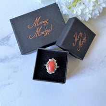 Carica l'immagine nel visualizzatore di Gallery, Russian Art Deco Silver Coral Marcasite Ring. 1920s Red Coral, Engraved Sterling Floral Ring. Antique/Vintage Precious Coral Ring