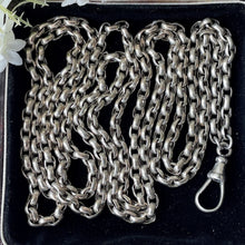 Carica l'immagine nel visualizzatore di Gallery, Antique Victorian Heavy Silver Guard Chain. 56" Double Link Belcher Long Chain Necklace. Antique Sterling Silver Sautoir Necklace & Dog Clip