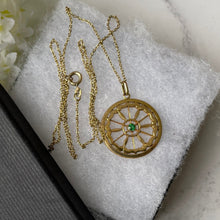 Carica l'immagine nel visualizzatore di Gallery, Antique Edwardian Demantoid Garnet Pinwheel Pendant Necklace. Art Nouveau 12ct Yellow Rolled Gold & Green Garnet Circle Pendant On Chain.