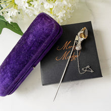 Carica l'immagine nel visualizzatore di Gallery, Victorian Scottish Citrine Silver Grouse Claw Kilt Pin In Antique Box. Antique Sterling Silver Scottish Cairngorm Huge Stick Pin Brooch.