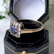Carica l'immagine nel visualizzatore di Gallery, Vintage 1964 Art Deco Style Sapphire & White Spinel 9ct Gold Ring. Square Cut Sapphire Cluster Ring. Blue Sapphire Halo Ring, UK R/US 8-3/4