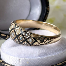 Carica l'immagine nel visualizzatore di Gallery, Georgian Regency Antique 18ct Gold, Black Enamel & Pearl Ring. Early Victorian Mourning Ring Circa 1830. Antique Dome Band Ring Size Q/7