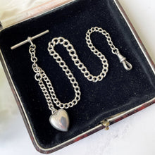 Carica l'immagine nel visualizzatore di Gallery, Antique Edwardian Small Silver Albert Watch Chain & Heart Charm. Lady's Sterling Silver Albertina Chain, Dog-Clip, T-Bar, Fob Charm, c1908
