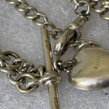 Carica l'immagine nel visualizzatore di Gallery, Antique Edwardian Small Silver Albert Watch Chain & Heart Charm. Lady's Sterling Silver Albertina Chain, Dog-Clip, T-Bar, Fob Charm, c1908
