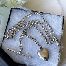 Carica l'immagine nel visualizzatore di Gallery, Antique Edwardian Small Silver Albert Watch Chain & Heart Charm. Lady's Sterling Silver Albertina Chain, Dog-Clip, T-Bar, Fob Charm, c1908