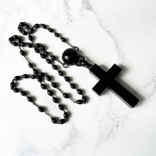 Carica l'immagine nel visualizzatore di Gallery, Huge Victorian Whitby Jet Cross Pendant Necklace. Antique English Black Gemstone Cross On Long Bog Oak Bead Chain. Antique Mourning Jewelry