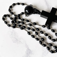 Carica l'immagine nel visualizzatore di Gallery, Huge Victorian Whitby Jet Cross Pendant Necklace. Antique English Black Gemstone Cross On Long Bog Oak Bead Chain. Antique Mourning Jewelry