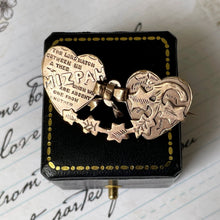 Cargar imagen en el visor de la galería, Antique Victorian Mizpah Brooch. Rose Gold Tone Double Heart Brooch With Photo Compartments. Antique Love Token Sweetheart Jewellery