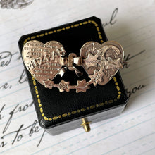 Cargar imagen en el visor de la galería, Antique Victorian Mizpah Brooch. Rose Gold Tone Double Heart Brooch With Photo Compartments. Antique Love Token Sweetheart Jewellery