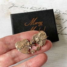 Cargar imagen en el visor de la galería, Antique Victorian Mizpah Brooch. Rose Gold Tone Double Heart Brooch With Photo Compartments. Antique Love Token Sweetheart Jewellery