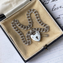 Carica l'immagine nel visualizzatore di Gallery, Vintage Sterling Silver Bracelet With Love Heart Padlock Clasp. Double Curb Chain Charm Bracelet. Silver Engagement Sweetheart Bracelet