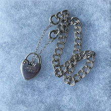 Carica l'immagine nel visualizzatore di Gallery, Vintage Sterling Silver Bracelet With Love Heart Padlock Clasp. Double Curb Chain Charm Bracelet. Silver Engagement Sweetheart Bracelet