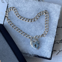 Carica l'immagine nel visualizzatore di Gallery, Vintage Sterling Silver Bracelet With Love Heart Padlock Clasp. Double Curb Chain Charm Bracelet. Silver Engagement Sweetheart Bracelet