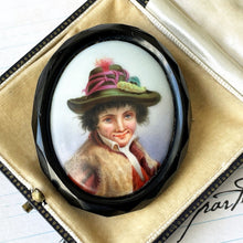 Carica l'immagine nel visualizzatore di Gallery, Antique Victorian Whitby Jet Large Portrait Brooch. Carved English Jet Hand-Painted "Tyrolean Boy" Oval Brooch. Victorian Jet Jewelry c1860