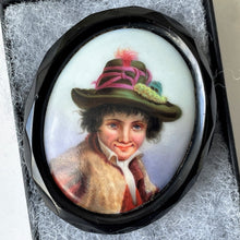 Carica l'immagine nel visualizzatore di Gallery, Antique Victorian Whitby Jet Large Portrait Brooch. Carved English Jet Hand-Painted "Tyrolean Boy" Oval Brooch. Victorian Jet Jewelry c1860