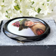 Carica l'immagine nel visualizzatore di Gallery, Antique Victorian Whitby Jet Large Portrait Brooch. Carved English Jet Hand-Painted "Tyrolean Boy" Oval Brooch. Victorian Jet Jewelry c1860