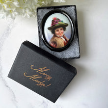 Carica l'immagine nel visualizzatore di Gallery, Antique Victorian Whitby Jet Large Portrait Brooch. Carved English Jet Hand-Painted "Tyrolean Boy" Oval Brooch. Victorian Jet Jewelry c1860