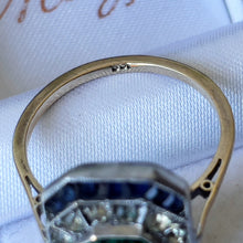 Carica l'immagine nel visualizzatore di Gallery, 1920s Art Deco Paste Emerald, Sapphire & Diamond Ring. Antique 9ct Gold Square Emerald Cut Cocktail/Dress/Engagement Ring, Size N or 6-3/4
