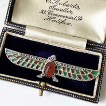 Load image into Gallery viewer, Art Deco Egyptian Revival Plique-à-jour Brooch. Antique German 935 Silver, Enamel, Carnelian & Ruby Horus Brooch. Falcon Bird Scarab Brooch