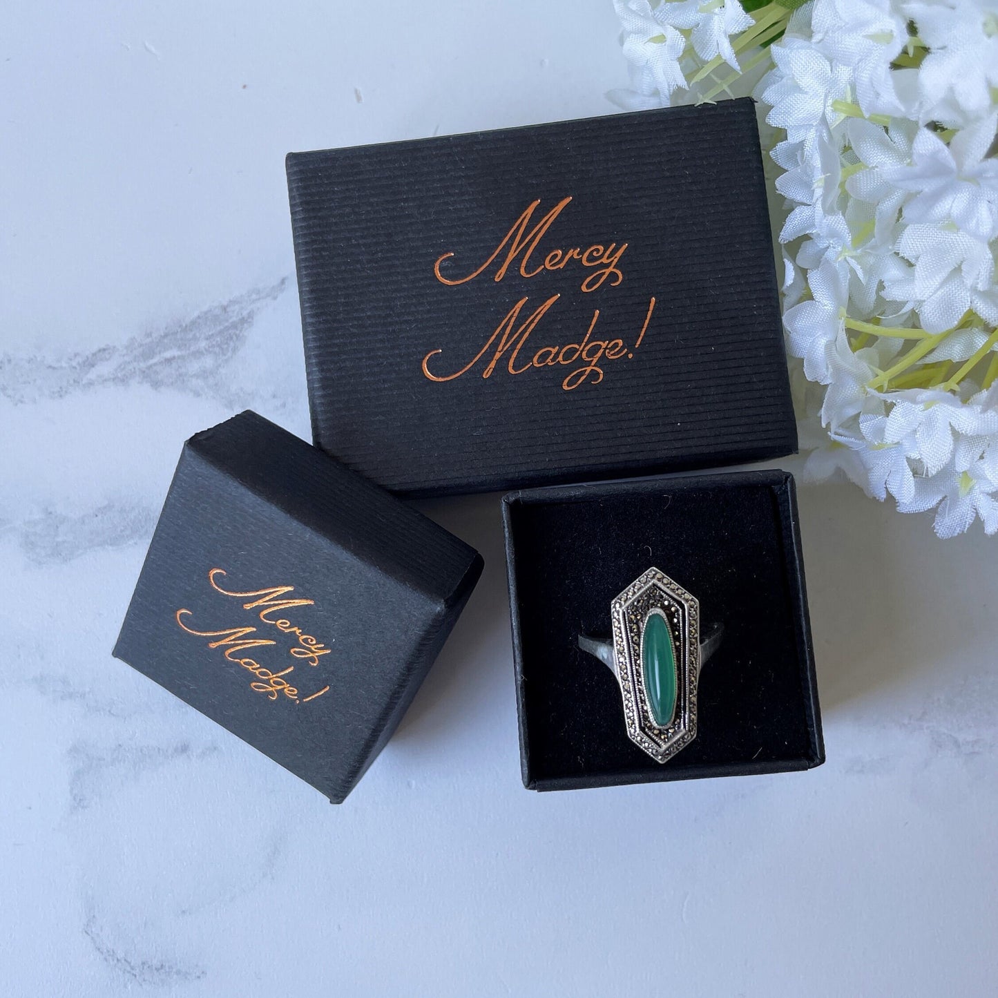 Art Deco Silver & Green Chrysoprase Marcasite Ring. 1930s Egyptian Revival Sarcophagus Ring. Antique Sterling Silver Cocktail Ring, Germany