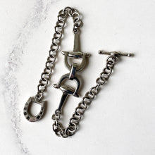 Carica l'immagine nel visualizzatore di Gallery, Vintage Sterling Silver Horseshoe & Bridle Bit Bracelet. Equestrian Snaffle Bracelet. British Millennium Silver Fancy Chain Link Bracelet.