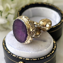 Carica l'immagine nel visualizzatore di Gallery, Georgian 18ct Gold Intaglio Seal Fob "Good Night, All's Well" Antique Carved Amethyst Glass Musical Wax Seal Pendant Fob. Georgian Jewellery