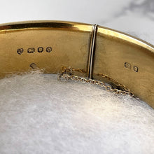 Carica l'immagine nel visualizzatore di Gallery, Vintage 22ct Gold On Silver Engraved Bangle, Boxed. British Hallmarked 1966 Sterling Silver Hinged Cuff Wide Bracelet