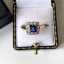 Carica l'immagine nel visualizzatore di Gallery, Vintage 1964 Art Deco Style Sapphire & White Spinel 9ct Gold Ring. Square Cut Sapphire Cluster Ring. Blue Sapphire Halo Ring, UK R/US 8-3/4