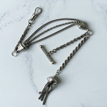 Carica l'immagine nel visualizzatore di Gallery, Victorian Sterling Silver Albertina Watch Chain Bracelet. Antique Etruscan Revival Fancy Link Chain Bracelet, Tassel Charm, T-Bar & Dog-Clip