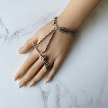 Carica l'immagine nel visualizzatore di Gallery, Victorian Sterling Silver Albertina Watch Chain Bracelet. Antique Etruscan Revival Fancy Link Chain Bracelet, Tassel Charm, T-Bar & Dog-Clip